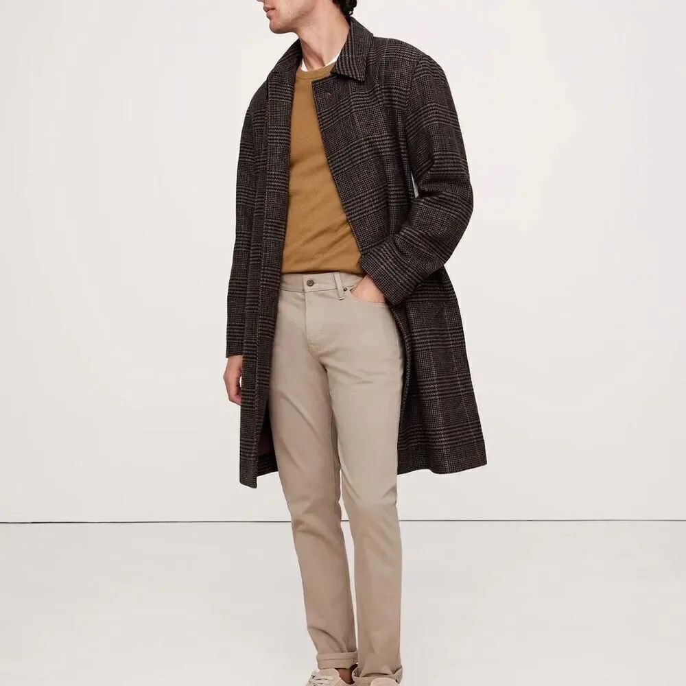 Banana Republic Men’s Houndstooth Brown Plaid Wool Blend Long Line Carcoat